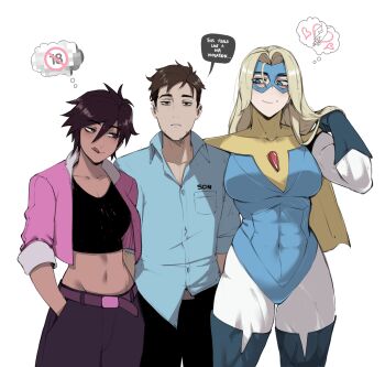 1boy 2girls abs absurdres black_hair blonde_blazer blonde_hair breasts brown_hair cape covered_navel dark-skinned_female dark_skin dispatch english_text highres invisigal large_breasts licking_lips long_hair mask masoq medium_breasts midriff multiple_girls navel robert_robertson short_hair speech_bubble superhero_costume thought_bubble tongue tongue_out