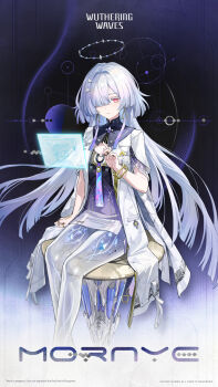 1girl absurdres breasts character_name coat colored_eyelashes commentary copyright_name earrings grey_hair hair_over_one_eye hand_up highres holographic_interface id_card jewelry logo long_hair looking_at_viewer medium_breasts mornye_(wuthering_waves) official_art parted_lips red_eyes solo tacet_mark_(wuthering_waves) triangle_earrings very_long_hair white_coat wuthering_waves