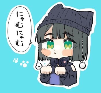 1girl animal_hat bare_shoulders beanie black_hair black_hat black_hoodie blue_background blunt_bangs blunt_ends blush_stickers bob_cut cat_hat clothing_cutout commentary_request cosplay cropped_torso green_eyes hat hood hoodie link!_like!_love_live! long_sleeves love_live! momose_ginko nyao_signyal official_alternate_costume osawa_rurino osawa_rurino_(cosplay) outline paw_pose puripuri_hurai short_hair shoulder_cutout simple_background solo speech_bubble virtual_youtuber white_outline