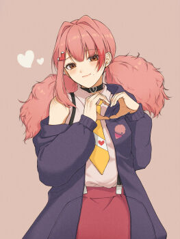 1girl black_choker black_jacket blush brown_background brown_eyes choker closed_mouth collared_shirt commentary_request commission cowboy_shot fluffy_hair hair_ornament heart heart_choker heart_hands highres hood hood_down jacket long_hair long_sleeves looking_at_viewer low_twintails mole mole_under_mouth necktie open_clothes open_jacket original oshamu pink_hair puffy_long_sleeves puffy_sleeves red_skirt shirt shirt_tucked_in simple_background single_bare_shoulder single_off_shoulder skeb_commission skirt sleeveless sleeveless_shirt smile solo suspender_skirt suspenders twintails yellow_necktie