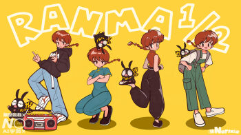1girl animal animal_on_head animal_print backpack bag baggy_pants bandana bare_shoulders black_hoodie black_shoes blue_overalls boombox braid breasts cargo_pants chinese_clothes crossed_arms denim flats full_body grey_bag half-closed_eyes hood hood_down hoodie jeans leaning_forward medium_breasts multiple_views norixio on_head open_mouth overalls p-chan pants pig pin print_bandana ranma-chan ranma_1/2 red_hair red_shirt shirt shoes short_hair_with_long_locks short_sleeves single_braid sleeveless sleeveless_shirt smile sneakers squatting tiger_print white_shirt white_shoes yellow_background