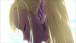 1girl amv animated anime_screenshot audible_music blonde_hair breasts closed_eyes completely_nude elf from_behind hazurewaku_no_joutai_ijou_skill_de_saikyou_ni_natta_ore_ga_subete_wo_juurin_suru_made hentai_music_video highres large_breasts light long_hair music music_video nature nude pointy_ears river seras_ashrain sideboob sitting sound tagme very_long_hair video water wet