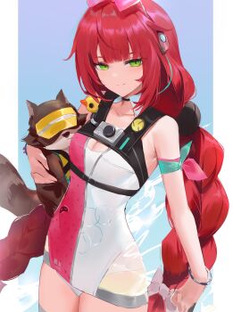 1girl absurdres animal baiser3rd bracelet braid breasts cowboy_shot eyewear_on_head green_eyes hair_ornament highres holding holding_animal jewelry kamanosuke_(zenless_zone_zero) long_hair looking_at_viewer one-piece_swimsuit red_hair smile solo sphere_hair_ornament sunglasses swimsuit twin_braids ukinami_yuzuha very_long_hair white_one-piece_swimsuit zenless_zone_zero