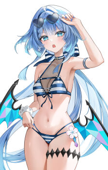1girl absurdres alternate_costume bikini blue_eyes blue_sandals breasts bright_pupils cerydra_(honkai:_star_rail) cleavage commentary cowboy_shot eyewear_on_head floating_hair full_body hasom heart heart-shaped_eyewear highres honkai:_star_rail honkai_(series) long_hair looking_at_viewer navel open_mouth sandals simple_background solo standing stomach sunglasses swimsuit thighs white_background white_pupils wings