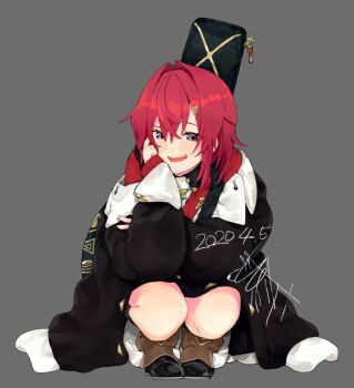 1girl ange_katrina ange_katrina_(1st_costume) ankle_boots black_boots black_coat blue_eyes boots cardigan coat commentary_request dated full_body grey_background hair_between_eyes hair_intakes hair_ornament hand_on_own_cheek hand_on_own_face hand_up instrument_case instrument_case_on_back long_bangs looking_at_viewer medium_hair multicolored_eyes nijisanji off_shoulder open_mouth purple_eyes red_cardigan red_hair sasha_f signature simple_background sleeves_past_wrists smile solo squatting teeth triangle_hair_ornament two-tone_eyes upper_teeth_only virtual_youtuber