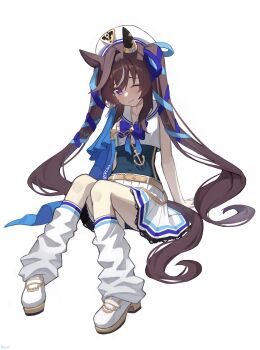 1girl :3 absurdres anchor_necklace animal_ears armpits belt blue_bow blue_bowtie blue_capelet blue_ribbon bow bowtie brown_belt brown_hair capelet character_name closed_mouth commentary_request covered_navel ear_covers from_side full_body hair_between_eyes hair_ribbon highres horse_ears horse_girl jewelry kuaspa long_hair looking_at_viewer loose_socks multicolored_hair necklace on_ground one_eye_closed purple_eyes ribbon sailor_collar sailor_shirt shirt sidelocks simple_background single_ear_cover skirt sleeveless sleeveless_shirt smile socks solo streaked_hair twintails umamusume vivlos_(umamusume) vivlos_(voyage_etincelant)_(umamusume) white_background white_hair white_shirt white_skirt white_socks