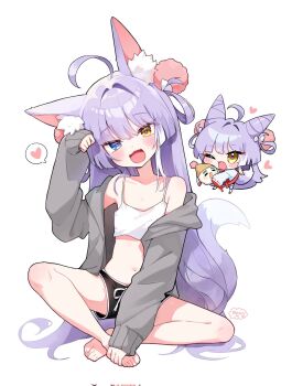 1girl ahoge animal_ears artist_request barefoot black_shorts blue_eyes blush bright_pupils camisole cardigan chibi commentary_request cone_hair_bun corrupted_twitter_file creature crop_top double_bun fang fox_ears fox_girl fox_tail full_body grey_cardigan hair_bun hair_intakes hair_ornament hair_rings hand_up heart heterochromia highres holding holding_creature inari_(tenko_shibuki) indian_style korean_commentary long_hair long_sleeves multiple_views navel off_shoulder one_eye_closed open_cardigan open_clothes open_mouth pink_pupils pom_pom_(clothes) pom_pom_hair_ornament purple_hair second-party_source short_shorts shorts simple_background sitting skin_fang sleeves_past_wrists speech_bubble spoken_heart stellive stomach straight_hair tail tenko_shibuki very_long_hair virtual_youtuber white_background white_camisole wispy_bangs yellow_eyes yellow_pupils
