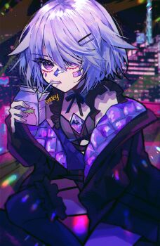 1girl absurdres chest_jewel face_jewel gem gem_hair_ornament grey_hair hand_jewel highres holoadvent hololive jewel_under_eye koseki_bijou koseki_bijou_(casual) metal_wings multicolored_gemstone purple_eyes purple_gemstone purple_hair quilted_jacket sshooooe virtual_youtuber