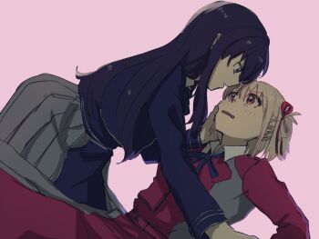 2girls black_hair blonde_hair blue_dress blue_ribbon blush commentary dress hair_ribbon hand_on_another&#039;s_face ini_yoy inoue_takina long_hair long_sleeves lycoris_recoil lycoris_uniform medium_hair multiple_girls neck_ribbon nishikigi_chisato one_side_up parted_lips pink_background purple_eyes red_dress red_eyes red_ribbon ribbon simple_background yuri