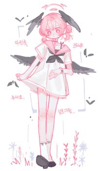 1girl alternate_costume alternate_hairstyle black_shoes black_wings blue_archive dress full_body halo head_wings highres koharu_(blue_archive) long_hair nagakiras2 pink_eyes pink_hair pink_halo pink_sailor_collar sailor_collar sailor_dress shoes short_sleeves simple_background socks solo white_background white_dress white_socks wings