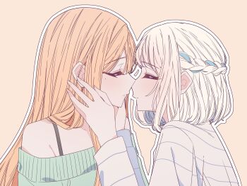 2girls blue_ribbon braid closed_eyes commentary_request gakuen_idolmaster green_sweater hair_ribbon half_up_braid highres idolmaster imminent_kiss katsuragi_lilja kousaka_0v0 mole mole_under_eye multiple_girls off-shoulder_sweater off_shoulder orange_hair outline parted_lips ribbon ribbon_braid shirt shiun_sumika short_hair sweater white_hair white_outline white_shirt yellow_background yuri