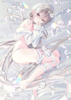 1girl ass bare_shoulders bow bow_panties brown_eyes brown_hair covering_own_mouth crystal fetal_position gem hair_bun inubouzaki_(i_nu1515) long_hair lying midriff on_side original panties ribbon simple_background sleeves_over_hands solo thighs underwear very_long_hair water_drop white_panties white_ribbon