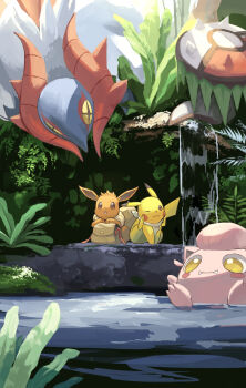 Rule 34 | backpack, bag, brown background, brute bonnet, closed mouth, clothed pokemon, commentary request, eevee, fangs, fern, gen 1 pokemon, highres, nintendo, no humans, on rock, one eye closed, open mouth, outdoors, pikachu, pokemon, pokemon (creature), pokemon focus, rock, scarf, scream tail, slither wing, spikes, water, white scarf, yamaori (hakkentai pokedan), yellow eyes