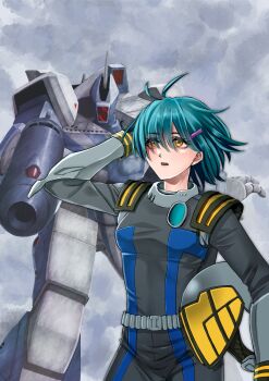 1girl aqua_hair battroid cloud cloudy_sky commentary_request energy_cannon gunpod hair_ornament hairclip hand_in_own_hair helmet highres holding holding_unworn_helmet macross mecha mecha_pilot_suit meltlan2021 one-eyed original robot science_fiction sky u.n._spacy unworn_headwear unworn_helmet vf-1 vf-1a yellow_eyes
