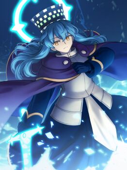 1girl armor armored_dress blue_dress blue_gloves blue_hair breastplate cape closed_mouth commentary_request commission dress fate_(series) floating_hair gloves glowing glowing_sword glowing_weapon highres holding holding_sword holding_weapon justinian_the_great long_hair long_sleeves looking_at_viewer original purple_cape shoori_(migiha) solo sword weapon yellow_eyes