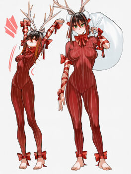 1girl :&lt; absurdres animal_ears black_hair bodysuit breasts breasts_apart bun_cover carrying_over_shoulder closed_mouth commentary covered_navel deer_ears double_bun fake_animal_ears fake_antlers fate/grand_order fate_(series) fingernails full_body green_eyes grey_background hair_bun highres holding holding_sack kamisato_sora looking_at_viewer multiple_views qin_liangyu_(fate) red_bodysuit red_ribbon ribbon sack simple_background stretching toenails