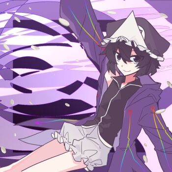 1other androgynous arrow_print artist_request bare_legs black_shirt closed_mouth coattails collared_shirt commentary commission english_commentary feet_out_of_frame floating frilled_headwear frilled_shorts frills hair_between_eyes hat hood hood_down hooded_jacket jacket len&#039;en long_sleeves mob_cap open_jumpsuit other_focus outstretched_arms petals print_jacket puffy_shorts purple_background purple_hair purple_hat purple_jacket second-party_source shirt shitodo_kuroji short_hair shorts single_bare_shoulder sleeveless sleeveless_shirt smile solo triangular_headpiece white_shorts zipper