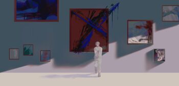 Rule 34 | 1boy, absurdres, against wall, art gallery, baggy clothes, barefoot, brown eyes, commentary, dappled sunlight, drop shadow, empty eyes, expressionless, facing viewer, foot against wall, hand on own arm, highres, holding, holding knife, indoors, knife, leaning back, looking down, looking to the side, male focus, original, paint, paint splatter, paint stains, painting (object), pants, picture frame, shade, standing, standing on one leg, sunlight, sweater, white hair, white pants, white sweater, yuhan (hyh6217)