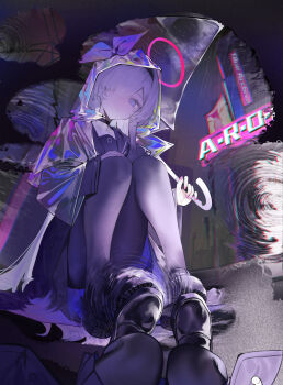 1girl absurdres bai_yao_(user_ygua7252) black_choker black_coat black_hairband black_pantyhose black_sailor_collar black_serafuku black_shirt black_shoes black_skirt blue_archive bow chinese_commentary choker closed_mouth coat commentary_request fingernails full_body grey_eyes hair_bow hair_over_one_eye hairband halo highres holding holding_umbrella hood hood_up hooded_coat loafers long_hair long_sleeves looking_at_reflection looking_at_viewer nail_polish neckerchief open_clothes open_coat outdoors pantyhose pink_nails plana_(blue_archive) puddle purple_bow rain raincoat red_halo red_pupils reflection reflective_water sailor_collar school_uniform see-through_clothes see-through_raincoat serafuku shirt shoes sitting skirt solo squatting transparent transparent_umbrella umbrella white_bow white_hair white_neckerchief wide_sleeves