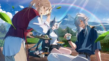 1girl 2boys absurdres alternate_costume animal animal_ear_fluff animal_ear_piercing animal_ears animal_on_shoulder aqua_eyes aqua_hair bag belt bird bird_on_shoulder black_bag black_belt black_shorts blue_jacket blue_shirt blurry bracelet brown_hair brown_pants casual character_doll chopsticks collared_shirt commentary_request contemporary cup day depth_of_field doll drink earrings eyeliner fangs feixiao_(honkai:_star_rail) food forehead_jewel fox_ears fox_girl gradient_hair grass green_tea guest_art hair_over_one_eye hair_tie hand_up high_ponytail highres holding holding_chopsticks holding_cup holding_plate holding_tray honkai:_star_rail honkai_(series) jacket jacket_on_shoulders jewelry jiaoqiu_(honkai:_star_rail) jing_yuan kiskil-llira leaf long_hair looking_at_viewer makeup midriff_peek mole mole_under_eye mount_fuji moze_(honkai:_star_rail) multicolored_hair multiple_boys necklace official_art open_mouth outdoors pants parted_bangs plate ponytail rainbow real_world_location red_eyeliner red_sweater ribbed_shirt seiza shirt shirt_tucked_in short_sleeves shorts shoulder_bag sitting sleeveless sleeveless_sweater sleeves_rolled_up smile standing striped_clothes striped_shirt sweater tassel tassel_earrings tea teeth tray tree turtleneck turtleneck_shirt untucked_shirt vertical-striped_clothes vertical-striped_shirt watch white_hair white_pants white_shirt wind wristwatch yanqing_(honkai:_star_rail) yellow_eyes