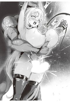 1boy 1girl ahegao alicia_(goetia_shock) blush breasts censored dildo goetia_shock heavy_breathing highres huge_breasts long_hair milking_machine monochrome navel nipples novel_illustration nude official_art ookuma_nekosuke oppai_loli sex_toy sweat tears thigh_sex trembling
