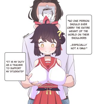 1boy 1girl 1hpman ? ahoge animal_ears black_choker blue_archive breasts brown_hair choker doodle_sensei_(blue_archive) english_text fang grabbing_another&#039;s_breast groping hair_bun halo highres kaede_(blue_archive) large_breasts loli oppai_loli raccoon_ears raccoon_girl red_halo red_sailor_collar sailor_collar sensei_(blue_archive) shirt short_hair simple_background single_side_bun skin_fang speech_bubble white_background white_shirt yellow_eyes