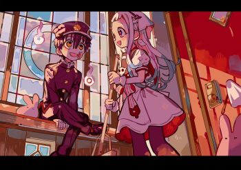 1boy 1girl :d between_legs black_footwear black_pants blue_sky broom cloud crossed_legs day dress eye_contact gakuran gloves hanako_(jibaku_shounen_hanako-kun) hand_between_legs happy highres holding holding_broom indoors jibaku_shounen_hanako-kun kerchief kerchief_(headwear) letterboxed looking_at_another official_art open_mouth pants pantyhose perspective puffy_short_sleeves puffy_sleeves red_socks school_uniform shoes short_sleeves sitting sitting_on_hand sky smile socks stained_glass standing two-handed watson_cross white_dress white_gloves yashiro_nene