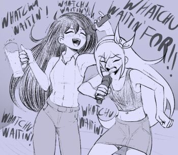 2girls :d ^_^ arm_up aubrey_(faraway)_(omori) aubrey_(omori) bare_arms bare_shoulders bow_hairband cabronpr clenched_hand closed_eyes collarbone collared_shirt commentary cowboy_shot cup denim denim_skirt double-parted_bangs english_commentary english_text fingernails greyscale hair_behind_ear hair_between_eyes hairband hand_up highres holding holding_cup holding_microphone liquid long_hair mari_(faraway)_(omori) mari_(omori) microphone midriff monochrome multiple_girls music omori open_mouth pants shirt shirt_tucked_in shorts shorts_under_skirt singing skirt sleeveless sleeveless_shirt smile tank_top teeth tongue upper_teeth_only