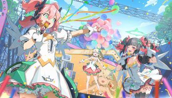 3girls absurdres balloon bare_legs bare_shoulders black_choker black_hair black_thighhighs blue_sky blush bow breasts chinatsu_remiel choker cleavage concert dress fingerless_gloves frilled_dress frills gloves glowstick gradient_eyes green_bow green_eyes green_hair green_halo hair_bow halo highres holding holding_microphone idol idol_clothes long_hair microphone multicolored_eyes multicolored_hair multiple_girls multiple_hair_bows music one_eye_closed open_mouth penlight_(glowstick) pink_hair puffy_short_sleeves puffy_sleeves quad_tails red_eyes rokudu_sariel shangguan_wanyu short_sleeves side_ponytail singing sky small_breasts smile stage thighhighs twintails two-tone_hair v white_dress yellow_bow yutane_johiel zenless_zone_zero