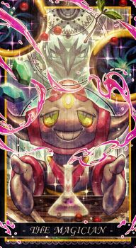 Rule 34 | 8686island, blue gem, blush, colored sclera, commentary request, english text, flask, gem, gen 6 pokemon, green eyes, green gem, grin, highres, hoopa, hoopa (confined), hoopa (unbound), horns, legendary pokemon, mythical pokemon, nintendo, open clothes, open mouth, pokemon, pokemon (creature), smile, tarot, teeth, the magician (tarot), yellow sclera