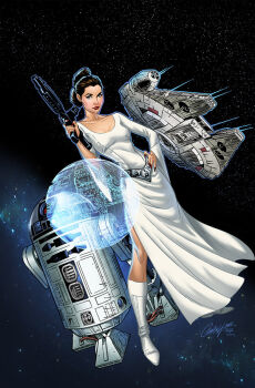1girl alternate_hairstyle artist_collaboration astromech_droid belt boots breasts brown_eyes brown_hair dress full_body gun hand_on_own_hip holding holding_gun holding_weapon j._scott_campbell jerry_skipper looking_at_viewer medium_breasts millennium_falcon princess_leia r2-d2 robot sean_ellery signature silver_belt solo spacecraft star_(sky) star_wars star_wars:_a_new_hope weapon white_boots white_dress