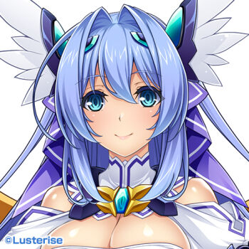 Rule 34 | 1girl, bare shoulders, blue eyes, blue hair, breasts, celestia (exs-tia), chest jewel, cleavage, hair intakes, hair ornament, head wings, headgear, inoino, katsuragi marina, kouyoku senki exs-tia, large breasts, long hair, looking at viewer, lowres, magical girl, official art, smile, solo, transparent background, upper body, wings