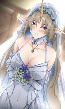 1girl aikawa_yumi alternate_costume bare_shoulders blonde_hair blue_eyes blue_hair blush bouquet breasts bridal_veil cleavage closed_mouth collarbone colored_inner_hair commentary dress earrings fleurdelys_(wuthering_waves) floating_earrings flower highres holding holding_bouquet horns indoors jewelry large_breasts long_hair looking_at_viewer multicolored_hair necklace pointy_ears single_horn solo tacet_mark_(wuthering_waves) veil very_long_hair white_dress white_veil wuthering_waves yellow_horns