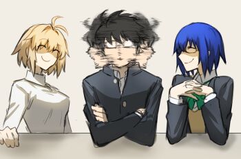 1boy 2girls afterimage ahoge arcueid_brunestud black_hair blonde_hair blue_hair bow buttons ciel_(tsukihime) closed_eyes commentary_request crossed_arms glasses green_bow hair_intakes highres jacket jewelry kashia looking_at_another meme motion_blur multiple_girls necklace own_hands_together partially_shaded_face school_uniform shirt short_hair smile souya_high_school_uniform sweater table tohno_shiki tsukihime tsukihime_(remake) turtleneck turtleneck_sweater vest white_shirt white_sweater yellow_vest