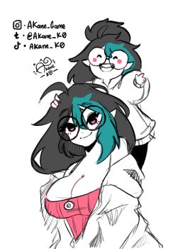 1girl ahoge akane_k0 akane_ko black_hair blue_background blush breasts cleavage collarbone commentary dual_persona glasses green_hair highres hood hood_down hooded_jacket hoodie instagram_logo instagram_username jacket jewelry large_breasts logo long_hair looking_at_viewer mini_person multicolored_hair off_shoulder open_clothes open_jacket original pink_tank_top pointy_ears round_eyewear smile spanish_commentary tank_top teeth tiktok_logo tiktok_username twitter_username twitter_x_logo two-tone_hair upper_body