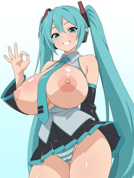 Rule 34 | 1girl, absurdres, alternate breast size (larger), aqua background, aqua eyes, aqua hair, aqua nails, arm at side, black skirt, black sleeves, blush, breasts, breasts out, cameltoe, closed mouth, cowboy shot, detached sleeves, dot nose, fingernails, hair between eyes, handjob gesture, hatsune miku, highres, huge breasts, legs together, long hair, looking at viewer, migikoba, miniskirt, panties, pantyshot, partially unbuttoned, pleated skirt, popped collar, puffy nipples, shiny clothes, shiny skin, shirt, simple background, skirt, sleeveless, sleeveless shirt, smile, solo, standing, striped clothes, striped panties, thighs, tight clothes, twintails, underwear, vocaloid, white background