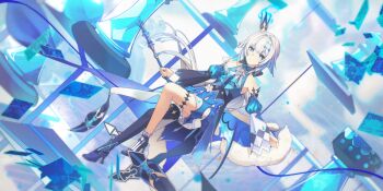 Rule 34 | 1girl, asymmetrical legwear, bare shoulders, blue dress, blue eyes, boots, cape, cerydra (honkai: star rail), chess piece, closed mouth, commentary request, crown, detached sleeves, dress, dutch angle, floating hair, full body, fur-trimmed cape, fur trim, gleam lin shi, high heel boots, high heels, highres, holding, holding scepter, honkai: star rail, honkai (series), long hair, long sleeves, looking at viewer, mini crown, mismatched legwear, pawn (chess), rook (chess), scepter, solo, very long hair, white hair