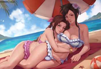 2futa aerith_gainsborough aerith_gainsborough_(pink_mermaid) beach beach_umbrella bikini bikini_skirt breasts bulge cleavage costa_del_sol covered_testicles developing_erection exlic final_fantasy final_fantasy_vii final_fantasy_vii_rebirth final_fantasy_vii_remake flaccid flower frilled_bikini frills futa_with_futa futanari hair_flower hair_ornament hug large_breasts lying medium_breasts microskirt multiple_futa ocean official_alternate_costume official_alternate_hairstyle on_side penis pink_bikini skirt smile swimsuit testicles thong_bikini tifa_lockhart tifa_lockhart_(shining_spirit) umbrella white_bikini