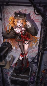 1girl absurdres animal_hat belt black_belt black_collar black_hat black_jacket black_leg_warmers black_shirt black_shoes black_skirt black_thighhighs blue_eyes box breasts brown_hair cardboard_box cat_hat collar commentary_request crate cross evangelion:_3.0_you_can_(not)_redo eyepatch fang full_body hair_ornament hairclip hand_on_headwear hand_on_own_hip hat highres jacket kamo_75 leaning_forward leg_warmers long_hair long_sleeves looking_at_viewer medium_breasts miniskirt necktie neon_genesis_evangelion newspaper o-ring o-ring_thigh_strap one_eye_covered open_clothes open_jacket open_mouth parallel_hairclips plaid_clothes plaid_necktie puffy_long_sleeves puffy_sleeves rebuild_of_evangelion red_necktie shadow shirt shoes single_thighhigh skirt smile solo souryuu_asuka_langley spiked_collar spikes spray_can spray_paint standing thigh_strap thighhighs torn_clothes torn_thighhighs very_long_hair