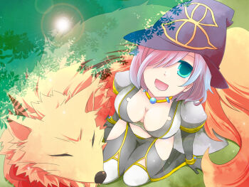 1girl :d black_gloves black_pants blue_eyes breasts cleavage coat commentary_request dappled_sunlight eye_print fox front_slit full_body gloves grey_coat grey_hair hair_over_one_eye hat kiriko kitsune large_breasts lens_flare looking_at_viewer open_clothes open_coat open_mouth pants purple_hat ragnarok_online seiza short_hair sitting smile solo sunlight thighhighs warlock_(ragnarok_online) white_thighhighs witch_hat