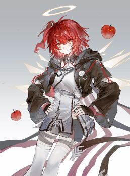Rule 34 | 1girl, apple, arknights, black gloves, black jacket, bochishiraita, breasts, closed mouth, cropped jacket, detached wings, energy wings, exusiai (arknights), exusiai the new covenant (arknights), feet out of frame, fingerless gloves, food, fruit, gloves, gradient background, grey background, halo, hashtag-only commentary, highres, jacket, long hair, looking at viewer, medium hair, one side up, orange eyes, red hair, shirt, smile, solo, standing, thighhighs, traditional halo, white background, white shirt, white thighhighs, wings, yellow halo