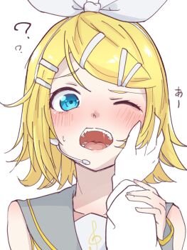 1girl 1other ? bare_shoulders blonde_hair blue_eyes blush bow cavity commentary_request confused embarrassed grey_sailor_collar hair_bow hair_ornament hairclip hand_on_another's_face headset highres holding_another's_wrist kagamine_rin mouth_focus one_eye_closed open_mouth out_of_frame parallel_fleet portrait pov pov_hands raised_inner_eyebrows realistic_teeth sailor_collar saliva short_hair simple_background small_sweatdrop solo_focus teeth tongue treble_clef vocaloid white_background white_bow