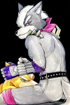 2boys animal_ears black_background claws closed_mouth fang fang_out fox_boy fox_ears fox_mccloud furry furry_male grabbing_another&#039;s_ear hand_on_another&#039;s_ear highres implied_fellatio looking_at_viewer male_focus multiple_boys neckerchief nintendo no_pants pink_neckerchief scan scar scar_across_eye scar_on_face sitting smile star_fox sweat tail traditional_media ulala_ko wolf_boy wolf_ears wolf_o&#039;donnell wolf_tail yaoi