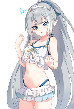 Rule 34 | 1girl, ahoge, armpit crease, bikini, bikini skirt, blue eyes, bracelet, breasts, collarbone, commentary request, female tyrant (stella sora), female tyrant (swimsuit) (stella sora), flying sweatdrops, frilled bikini, frills, grey hair, hair between eyes, hair ornament, hairband, highres, jewelry, long hair, looking at viewer, maxwelzy, navel, official alternate costume, official alternate hairstyle, parted lips, sidelocks, simple background, small breasts, solo, stella sora, stomach, swimsuit, symbol-shaped pupils, tyrant (stella sora), white background, white bikini