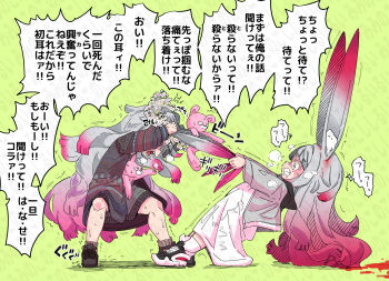 2girls @_@ animal_ears black_shoes blank_eyes blood blood_on_clothes blood_on_face blood_splatter blush breath clenched_teeth clone coat crying dragging dress dual_persona fighting full_body furrowed_brow grabbing_another&#039;s_ear grabbing_another&#039;s_hair gradient_hair green_background grey_coat grey_hair grey_jacket hair_ornament hand_on_another&#039;s_ear head_wreath heavy_breathing highres holding holding_another&#039;s_hair holding_stuffed_toy hood hood_down jacket leaning_back leaning_forward long_hair long_sleeves looking_at_another miminoko_(vrchat) motion_lines multicolored_hair multiple_girls nervous_sweating nosebleed okuva open_clothes pink_hair pulling rabbit_ears rabbit_girl red_eyes red_hair shoes simple_background skirt smile sneakers socks standing striped_clothes striped_sweater struggling stuffed_animal stuffed_rabbit stuffed_toy sweat sweater tears teeth trembling two-tone_hair very_long_hair vrchat wide-eyed