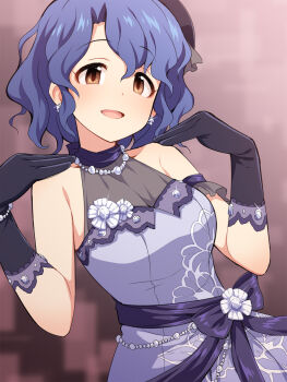 1girl :d bare_shoulders black_gloves blue_hair blurry blurry_background blush bow breasts brown_eyes collarbone commentary_request depth_of_field dress gloves grey_dress hair_between_eyes hands_up highres idolmaster idolmaster_million_live! idolmaster_million_live!_theater_days looking_at_viewer medium_breasts open_mouth purple_bow revision sleeveless sleeveless_dress smile solo toyokawa_fuka uccow