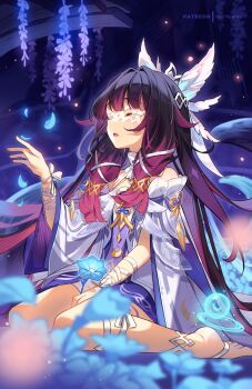 1girl black_hair blue_flower closed_eyes columbina_(genshin_impact) eye_mask flower full_body genshin_impact head_wings highres kuri_(animejpholic) long_hair mask parted_lips red_hair sitting solo very_long_hair wariza wings wisteria