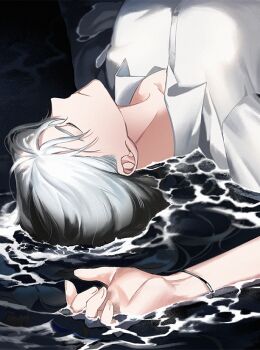 1boy black_hair caustics closed_eyes collared_shirt hand_up hinizana kim_dokja lying male_focus omniscient_reader&#039;s_viewpoint on_back partially_submerged shirt short_hair solo upper_body white_shirt