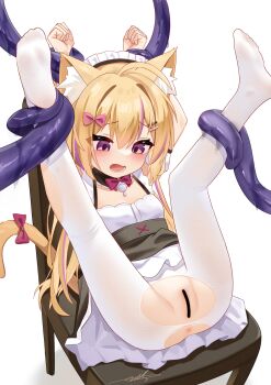 1girl animal_ear_fluff animal_ears anus arms_up bar_censor blonde_hair bow cat_ears cat_girl cat_tail censored highres legs_up loli no_shoes open_mouth original pantyhose pussy restrained solo tail torn_clothes torn_pantyhose white_pantyhose zds