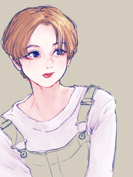 Rule 34 | 1girl, blonde hair, blue eyes, borrowed character, brown background, closed mouth, commentary request, green overalls, highres, lips, lipstick, looking to the side, makeup, mole, mole under eye, okubatomaeba, original, overalls, parted hair, red lips, shirt, short hair, simple background, solo, upper body, white shirt